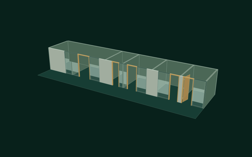 Architectural model with glass-fronted offices and timber door frames on dark green.