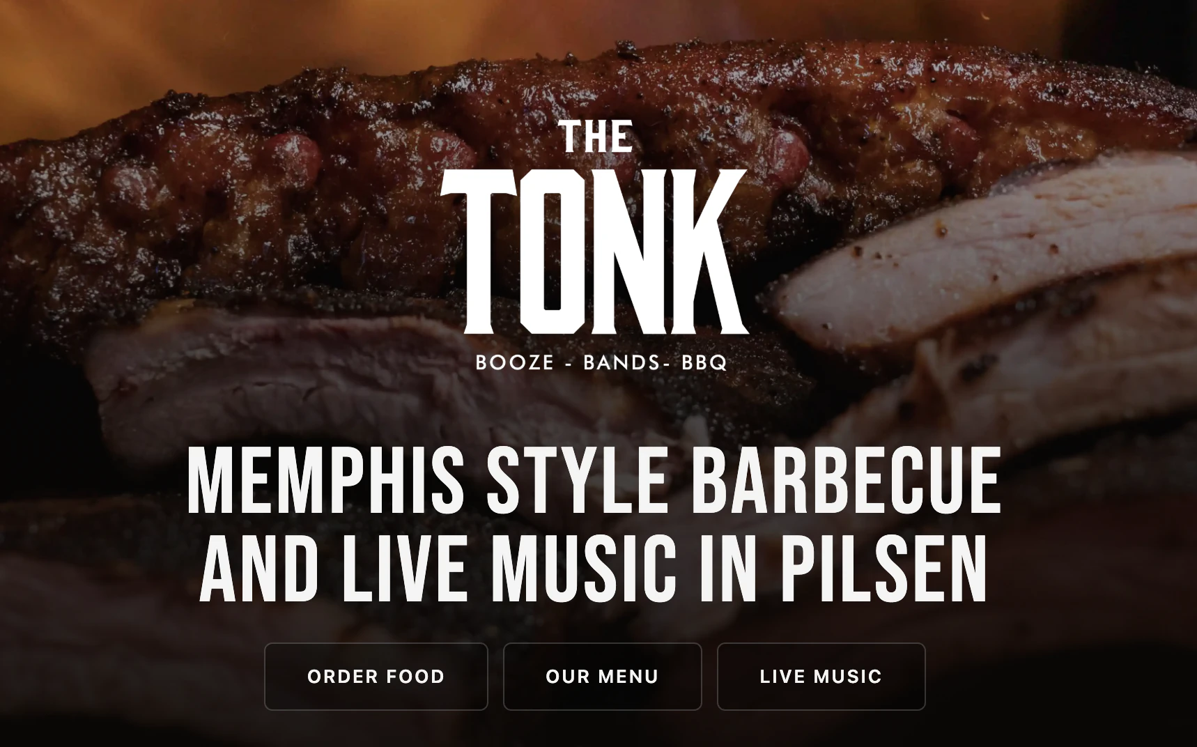 The Tonk logo and Memphis-style barbecue headline over a close-up of barbecue, with food, menu, and live music links below.